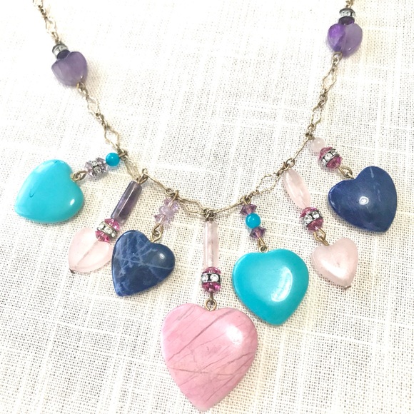 Vintage Hearts Crystal Necklace Semi Precious Stones - Picture 8 of 9